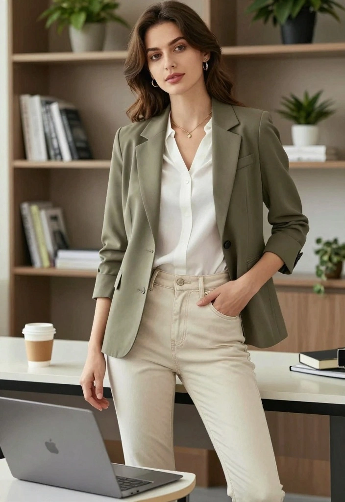 15 Beige Jeans Outfit Ideas For Women With Clean Style - 2. Chic Office Attire with a Blazer 1