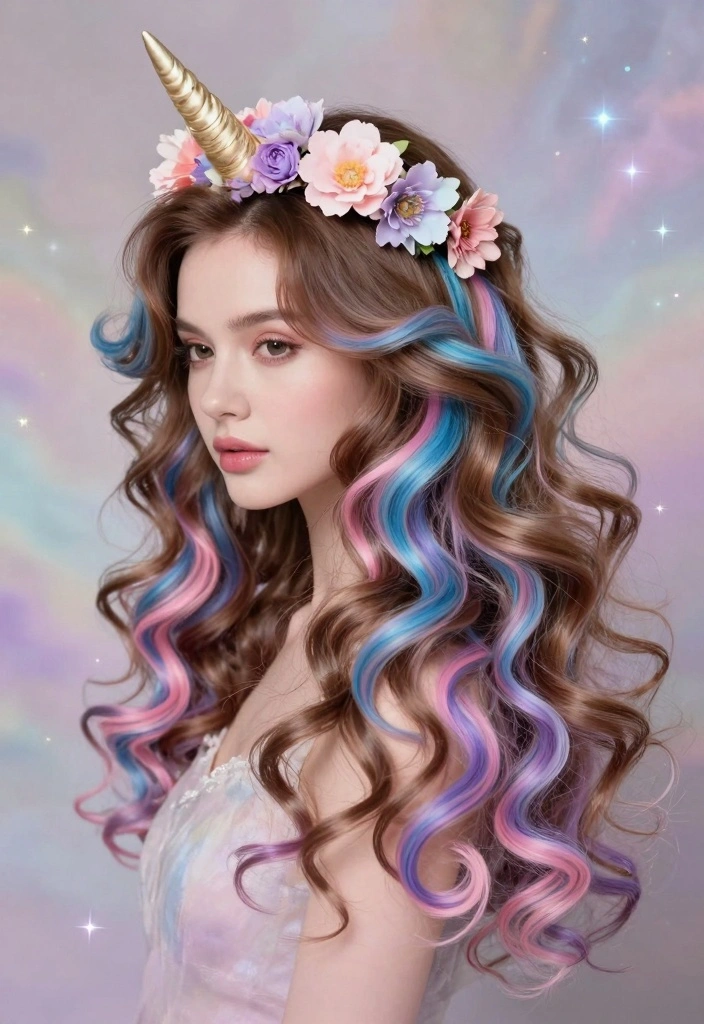 15 Blue Highlights in Brown Hair Ideas: Bold Accent Styles to Rock - 9. Fantasy Unicorn Mix 1