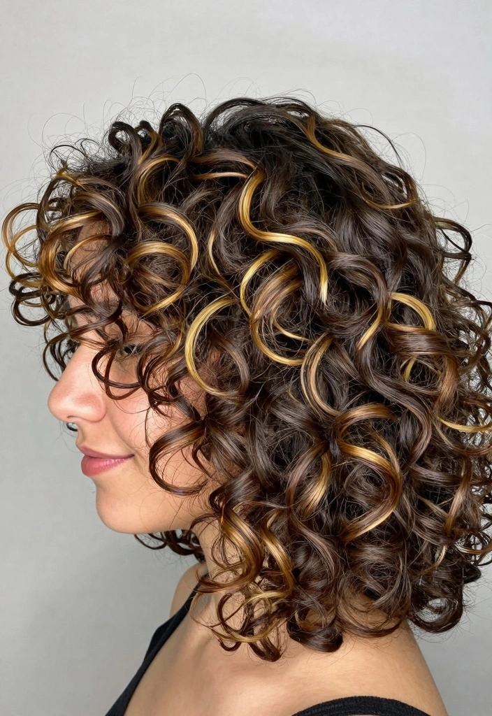 15 Brown Hair With Caramel Highlights Ideas Sweet Dimension - 9. Bright Caramel Highlights for Short Curly Hair 1