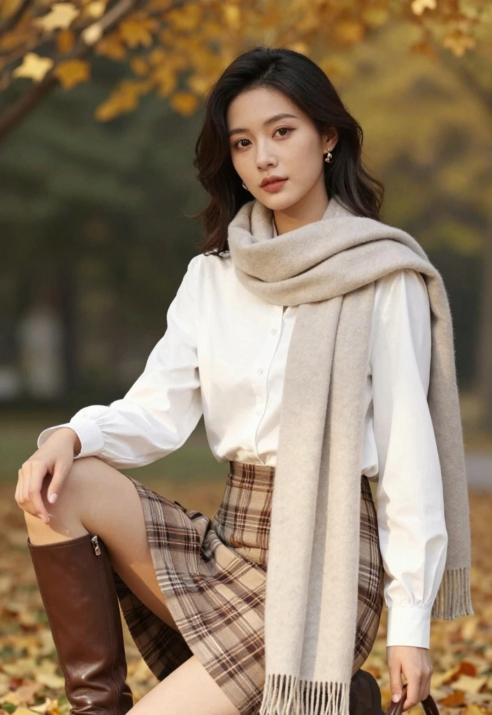 15 Brown Plaid Skirt Outfit Ideas With Vintage Vibes - 1. Classic White Blouse and Brown Plaid Skirt 1