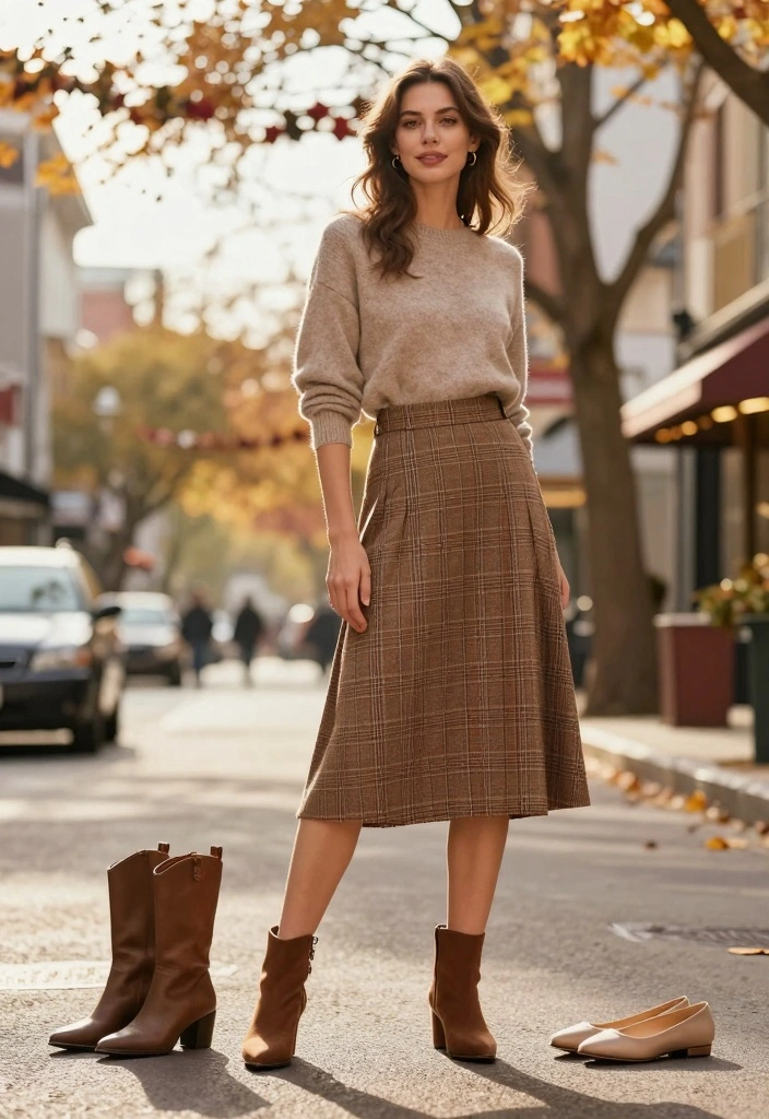 15 Brown Plaid Skirt Outfit Ideas With Vintage Vibes - 10. Footwear Focus: From Heels to Flats 1