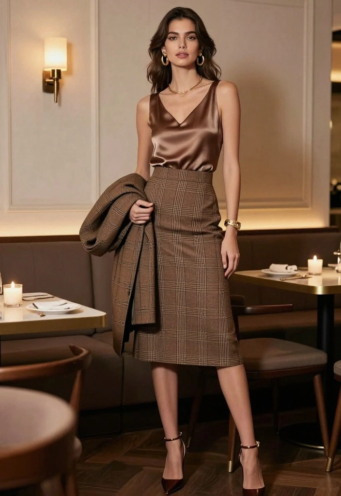 15 Brown Plaid Skirt Outfit Ideas With Vintage Vibes - 13. Elevated Evening Look 1
