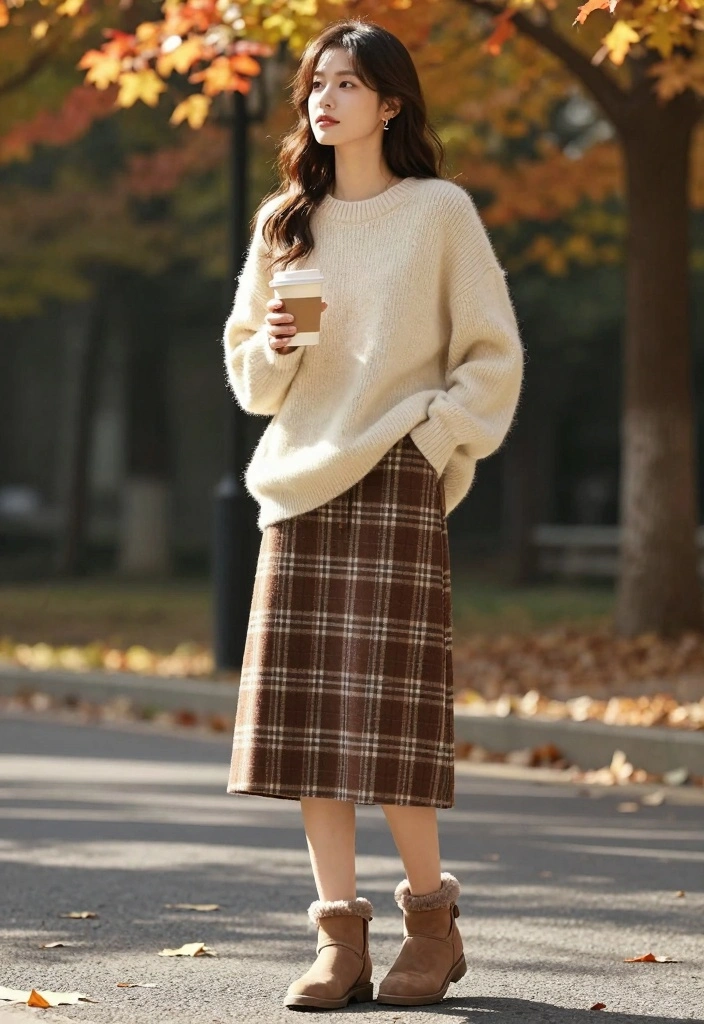 15 Brown Plaid Skirt Outfit Ideas With Vintage Vibes - 2. Oversized Sweater for Cozy Vibes 1