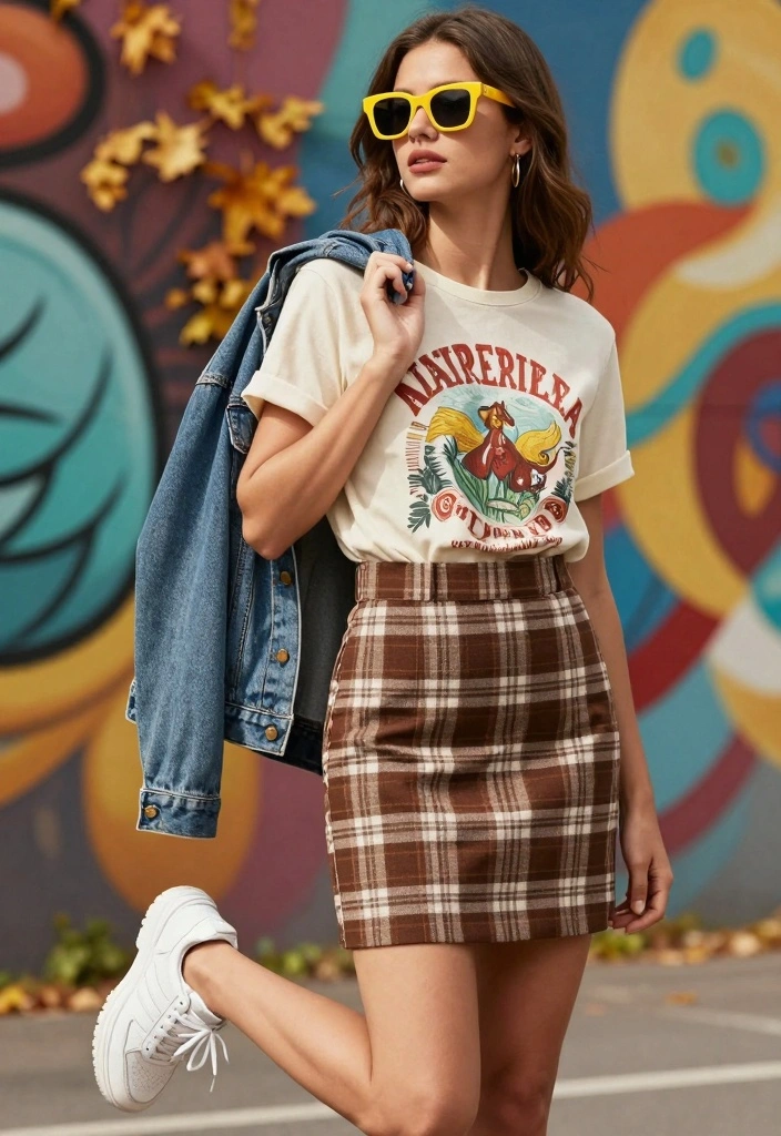 15 Brown Plaid Skirt Outfit Ideas With Vintage Vibes - 3. Vintage Tee and a Plaid Skirt Combo 1