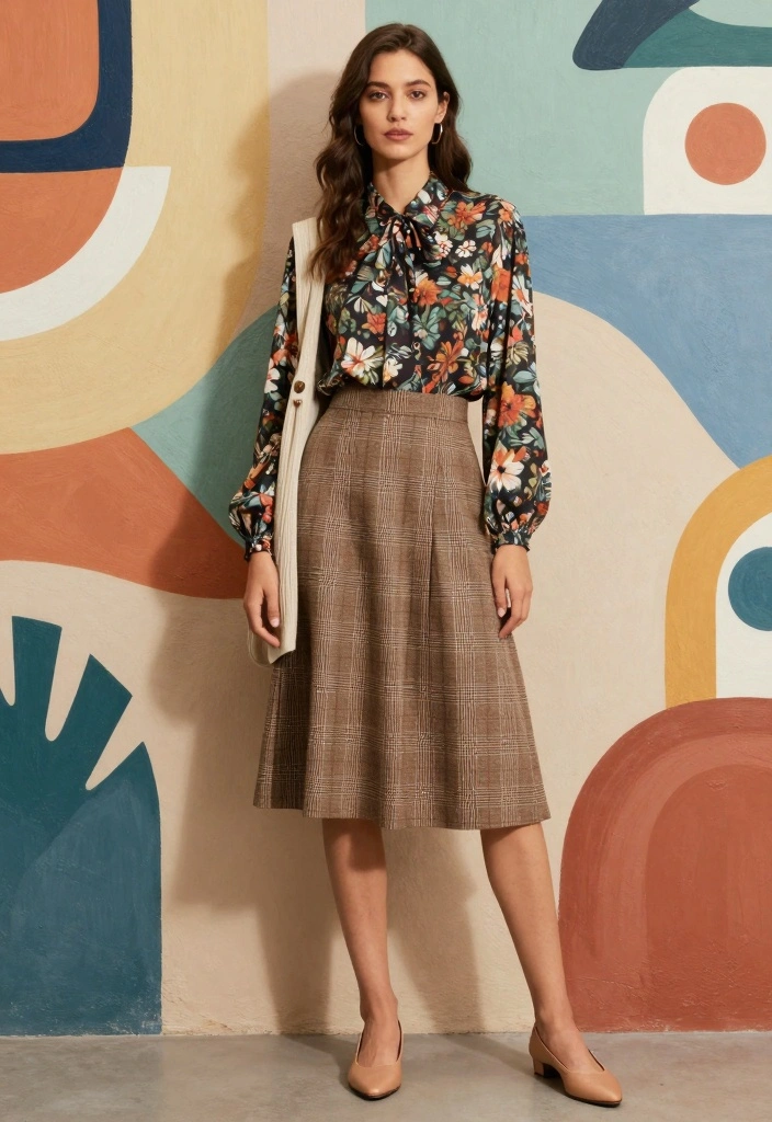 15 Brown Plaid Skirt Outfit Ideas With Vintage Vibes - 8. Mixing Prints like a Pro 1
