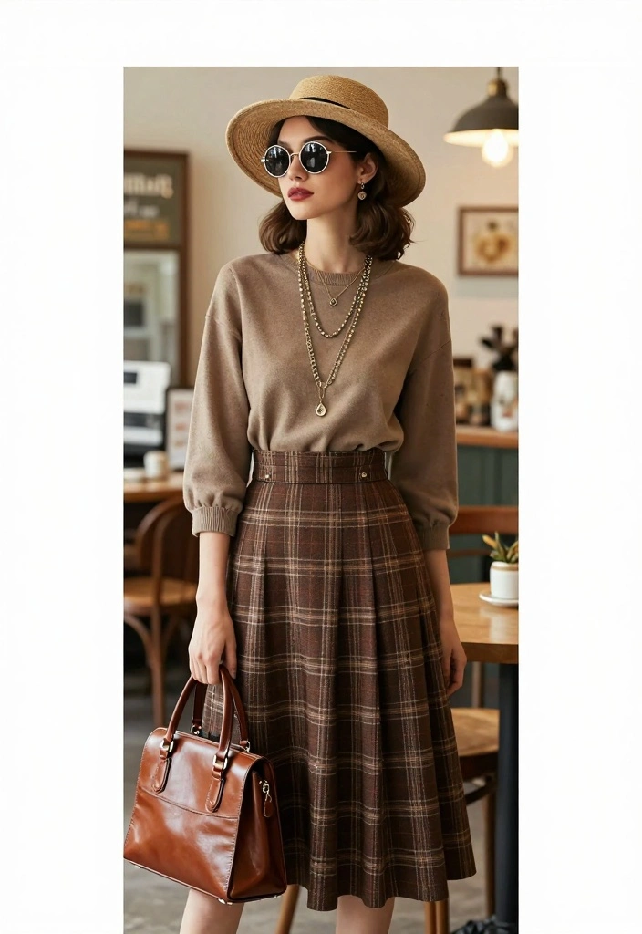 15 Brown Plaid Skirt Outfit Ideas With Vintage Vibes - 9. Vintage-Inspired Accessories 1