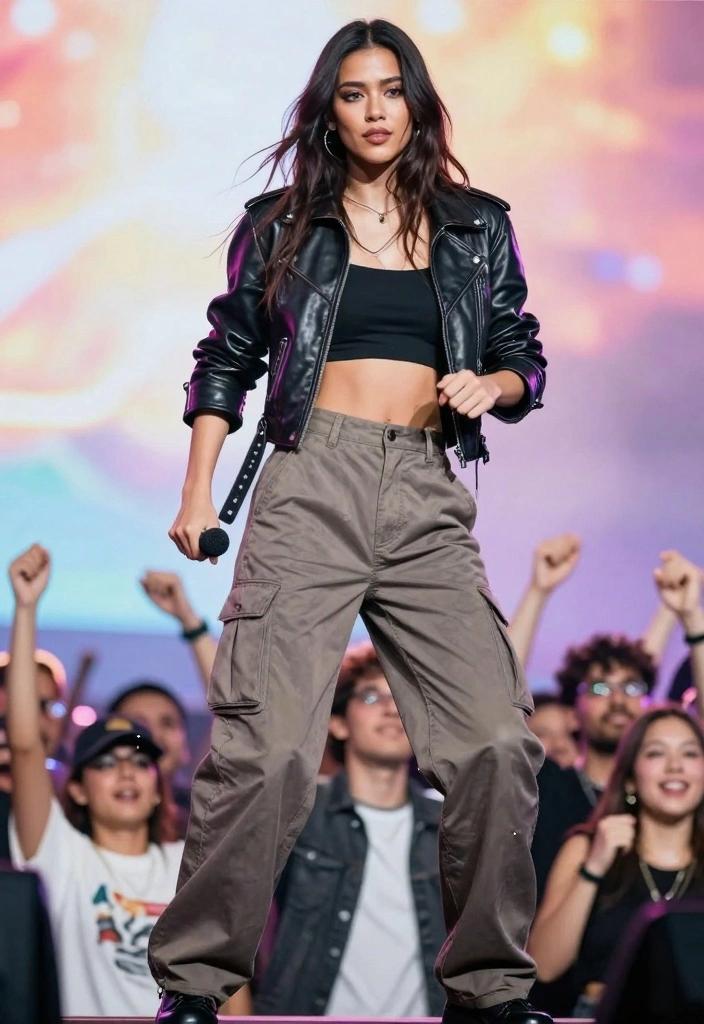 15 Carpenter Pants Outfit Ideas For Women - 10. Edgy Look with a Leather Jacket 1