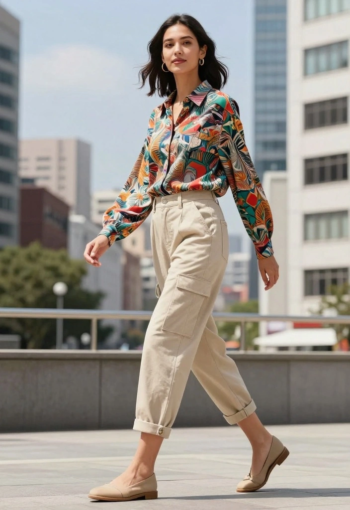 15 Carpenter Pants Outfit Ideas For Women - 11. Playful Prints with Patterned Shirt 1