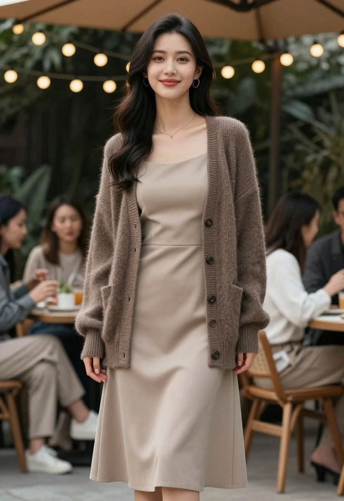 15 Casual Party Outfit Ideas For Women - 7. Layered Look with a Midi Dress and Cardigan 1