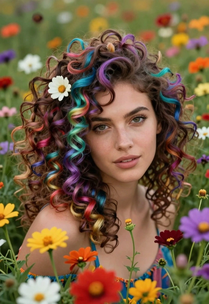 15 Colored Curly Hair Ideas: Playful Vibrant Style - 11. Wild Flower Colors 1