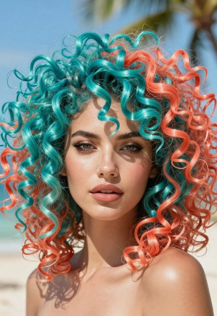 15 Colored Curly Hair Ideas: Playful Vibrant Style - 6. Tropical Inspired Colors 1