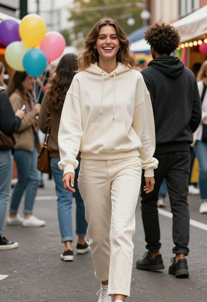 15 Cream Jeans Outfit Ideas For Women With Soft Tones - 12. Off-White Hoodie with Cream Jeans 1