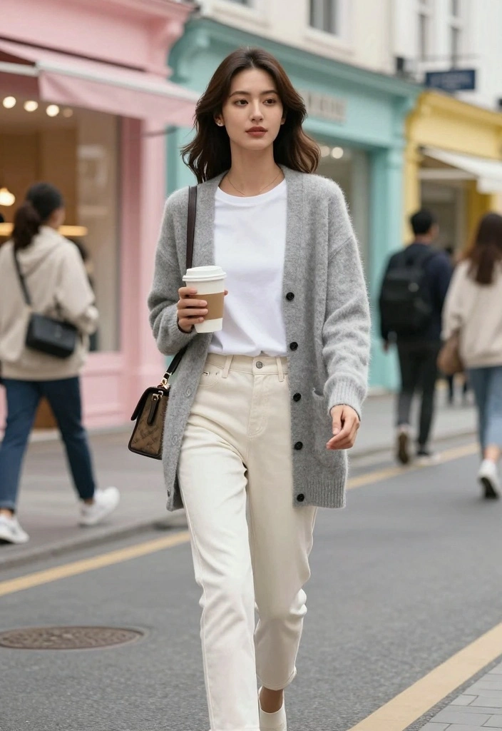 15 Cream Jeans Outfit Ideas For Women With Soft Tones - 3. Soft Gray Cardigan with Cream Jeans 1
