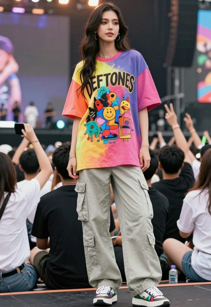 15 Deftones Concert Outfit Ideas For Women - 10. Brightly Colored Oversized Tee and Cargo Pants 1