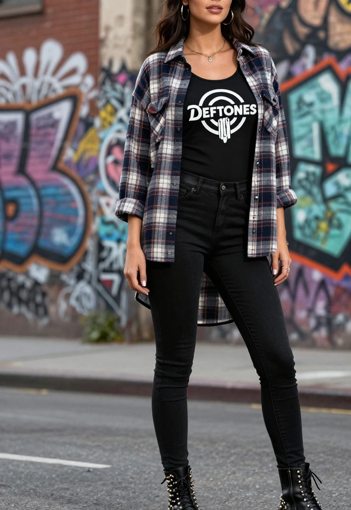 15 Deftones Concert Outfit Ideas For Women - 6. Grunge-inspired Plaid and Band Tank 1