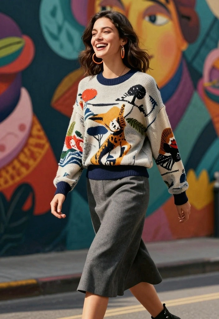 15 Gray Skirt Outfit Ideas For Everyday Style - 14. Gray Skirt with a Playful Graphic Sweater 1