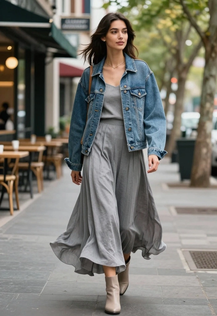 15 Gray Skirt Outfit Ideas For Everyday Style - 2. Denim Jacket with a Flowy Gray Skirt 1