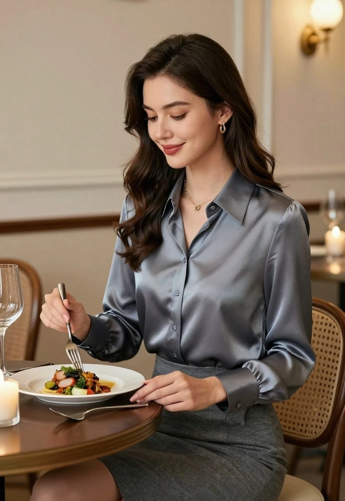 15 Gray Skirt Outfit Ideas For Everyday Style - 8. Elegant Gray Skirt with a Silk Blouse 1