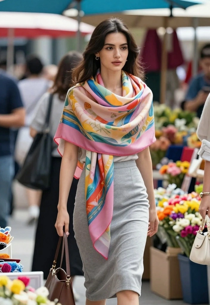 15 Gray Skirt Outfit Ideas For Everyday Style - 9. Gray Skirt with a Printed Scarf 1