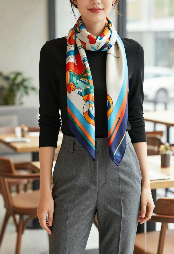 15 Grey Dress Pants Outfit Ideas For Polished Looks - 12. Printed Scarf Accent 1