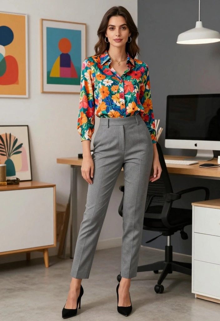 15 Grey Dress Pants Outfit Ideas For Polished Looks - 4. Printed Blouse Glam 1