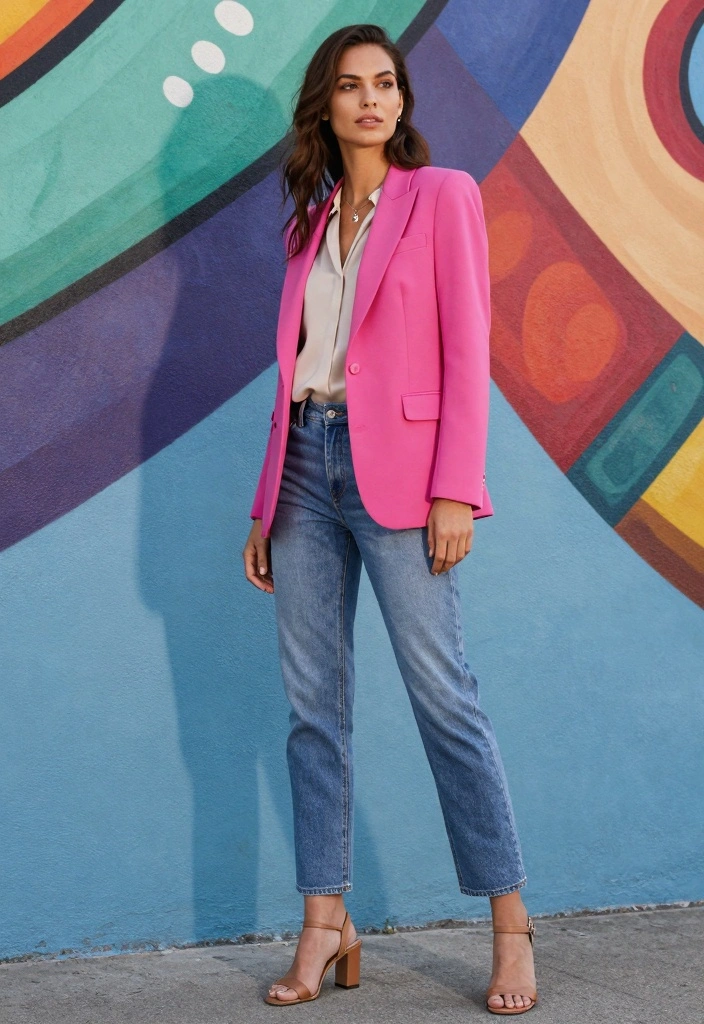 15 Indigo Jeans Outfit Ideas For Women - 3. Pop of Color with a Bright Blazer 1