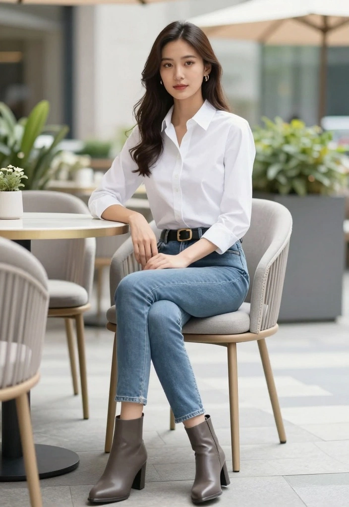 15 Indigo Jeans Outfit Ideas For Women - 5. Timeless Elegance with a Button-Up Shirt 1