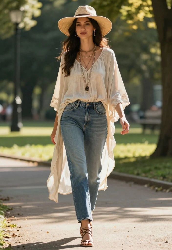 15 Indigo Jeans Outfit Ideas For Women - 6. Boho Chic with a Flowing Maxi Top 1