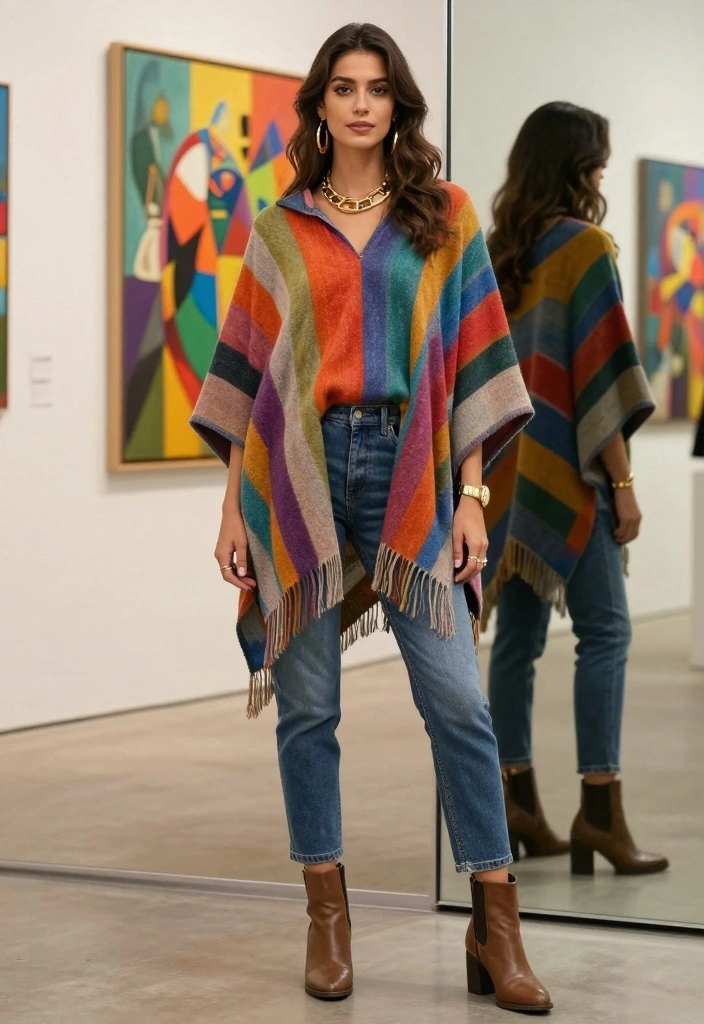 15 Indigo Jeans Outfit Ideas For Women - 9. Artistic Flair with a Poncho 1