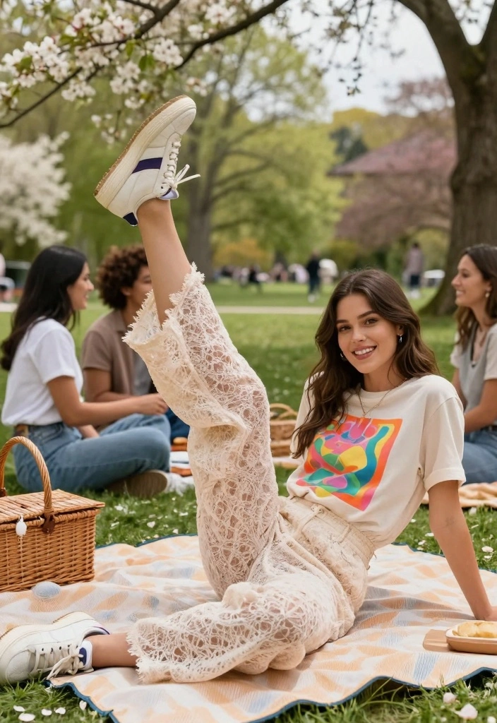 15 Lace Pants Outfit Ideas For Women: Embrace Bohemian Chic - 4. Sporty Lace with Sneakers 1