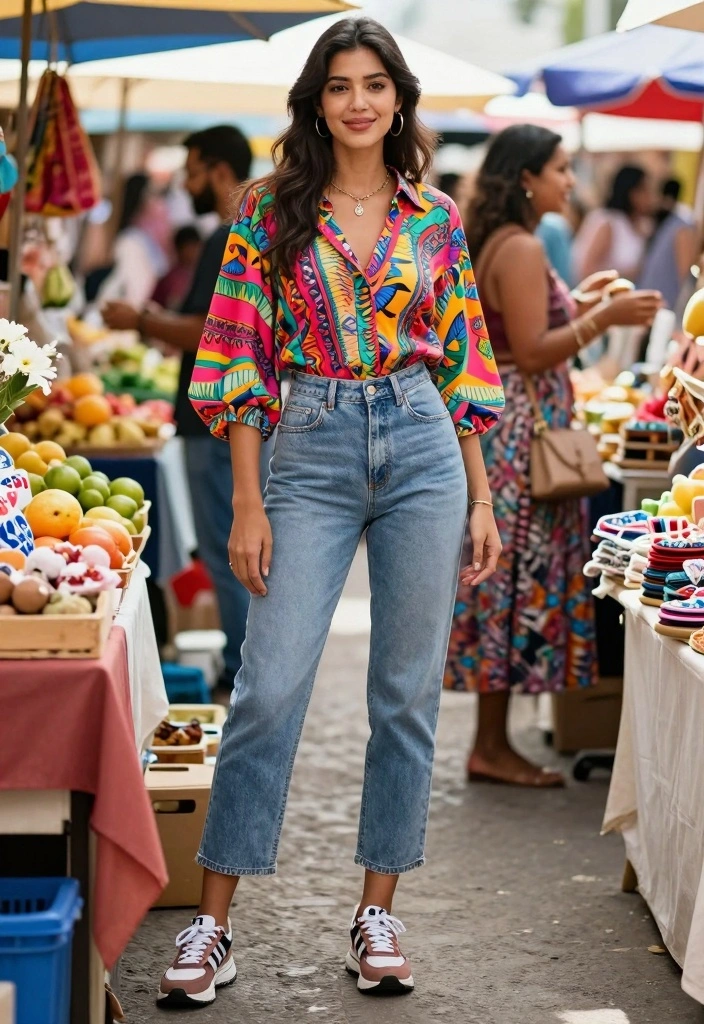 15 Mid Rise Jeans Outfit Ideas For Women - 15. Bold Patterns and Prints 1