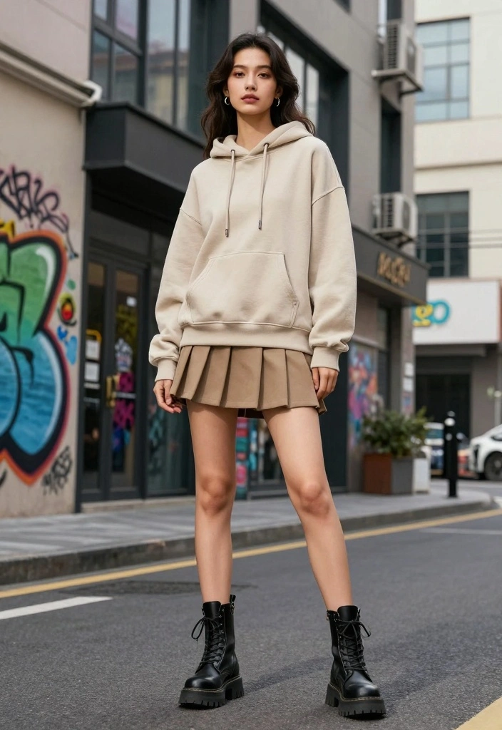 15 Short Pleated Skirt Outfit Ideas With Youthful Style - 13. Hoodie and Combat Boots 1