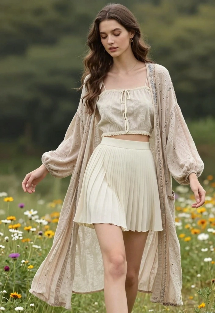 15 Short Pleated Skirt Outfit Ideas With Youthful Style - 14. Maxi Cardigan and Cropped Top 1