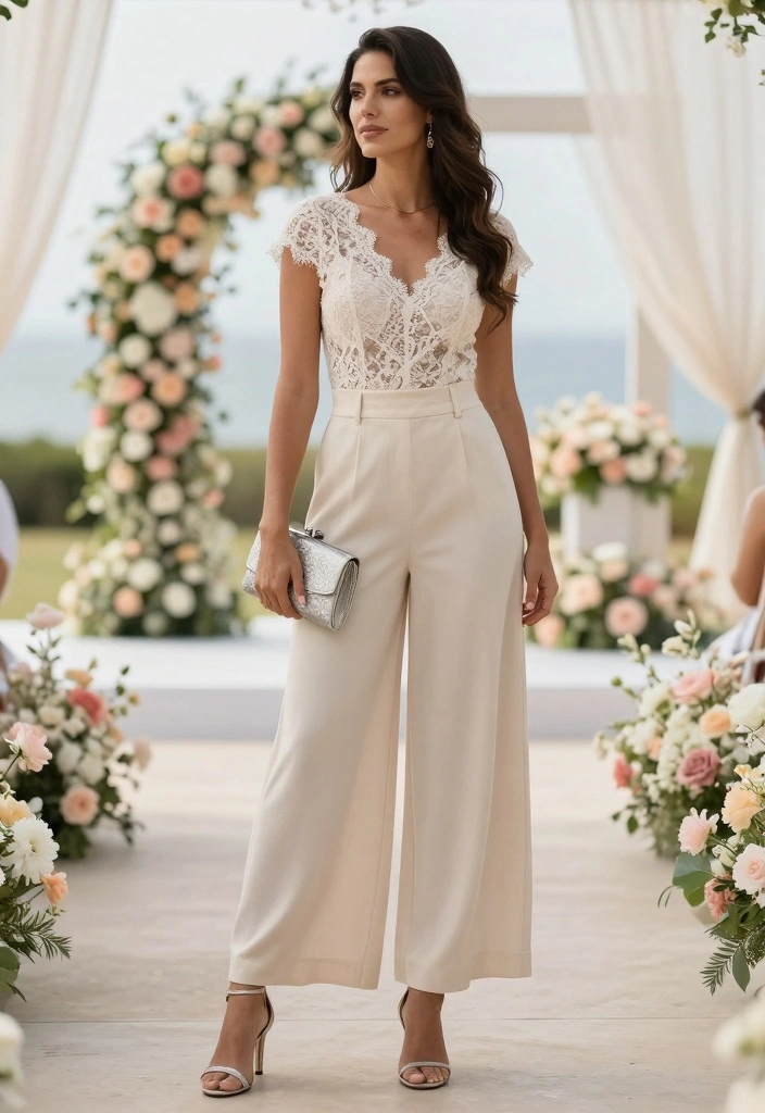 15 Stunning Sustainable Palazzo Pants Outfit Ideas For Women - 11. Feminine Touch with a Lace Top 1