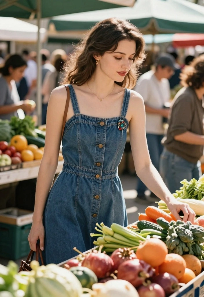 15 Sun Dress Outfit Ideas For Warm Weather - 14. Vintage Denim Sundress with Vintage Brooch 1