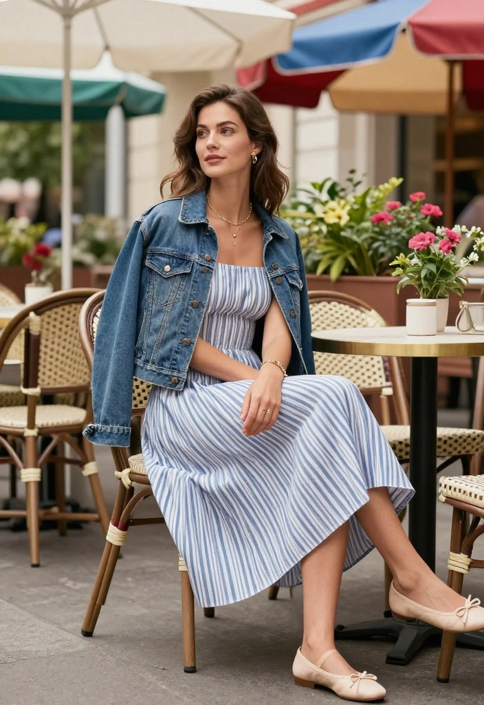 15 Sun Dress Outfit Ideas For Warm Weather - 2. Striped Midi Sundress with Denim Jacket 1