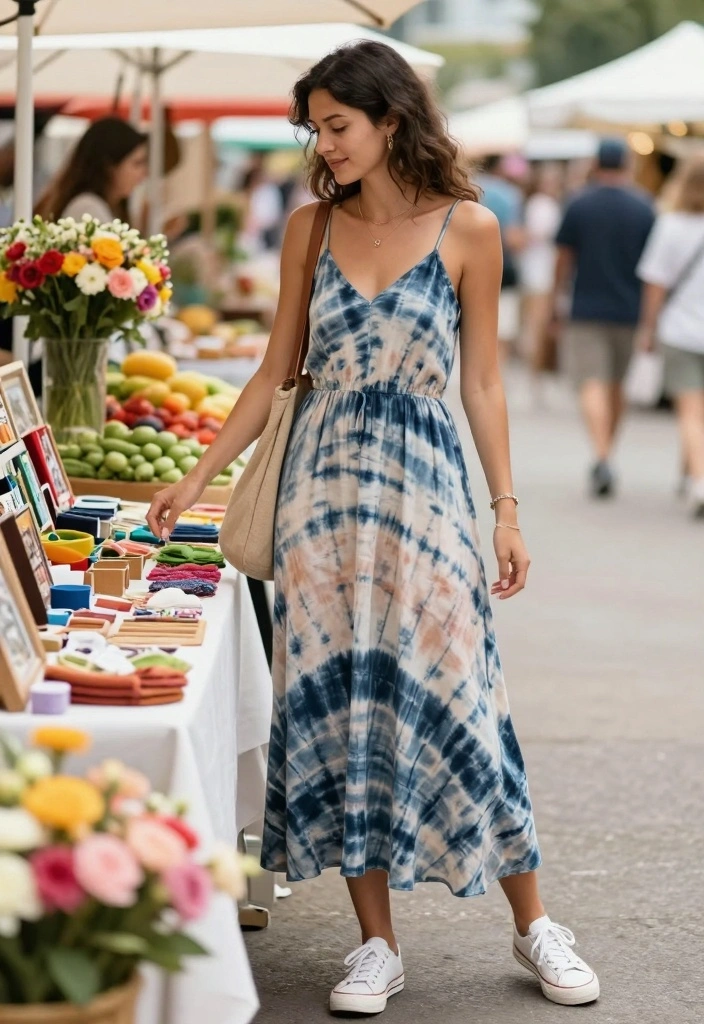 15 Sun Dress Outfit Ideas For Warm Weather - 3. Eco-Friendly Tie-Dye Sundress with Sneakers 1