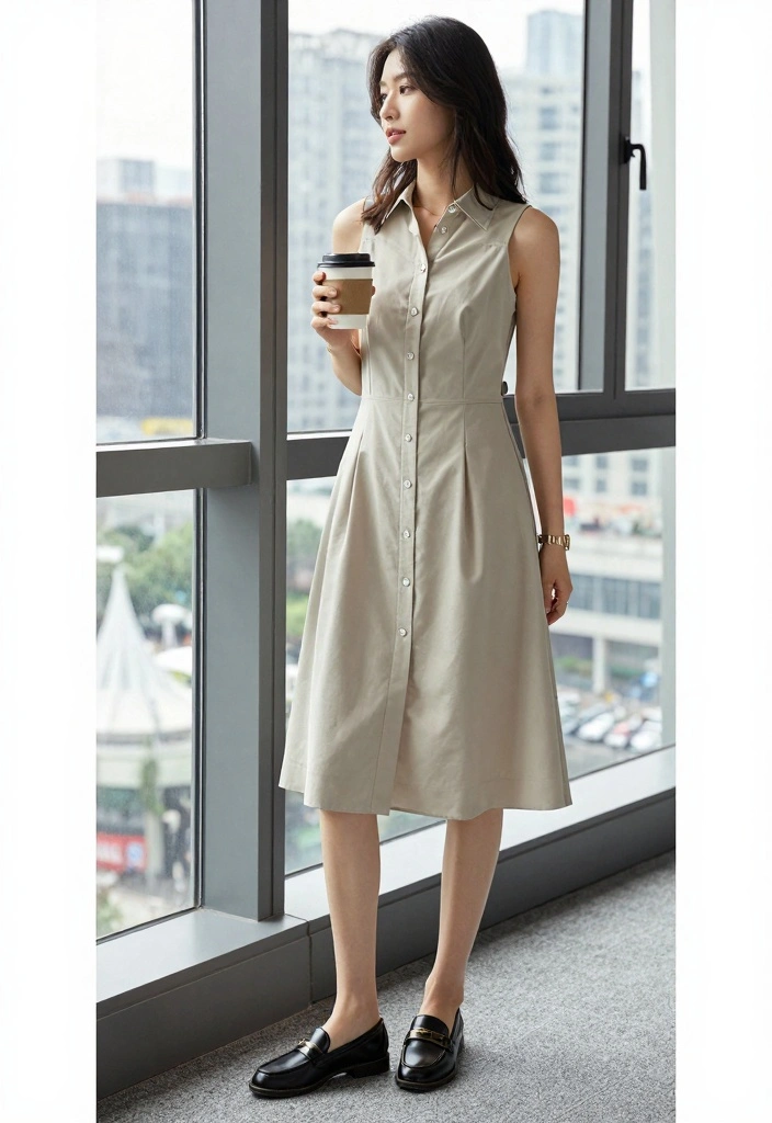 15 Sun Dress Outfit Ideas For Warm Weather - 6. Lightweight Button-Up Sundress with Slip-On Loafers 1