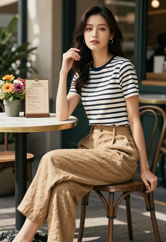15 Tan Linen Pants Outfit Ideas For Women: Embrace Sustainable Fashion - 1. Effortlessly Chic: Linen Pants with a Striped Tee 1