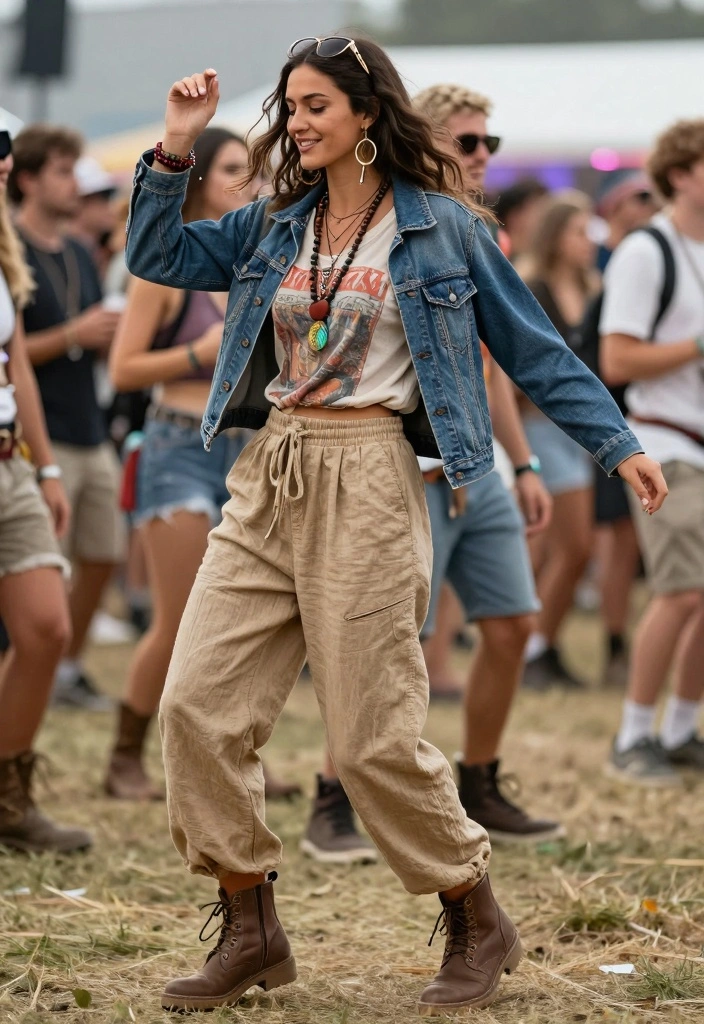 15 Tan Linen Pants Outfit Ideas For Women: Embrace Sustainable Fashion - 10. Festival Ready: Linen Pants with a Fun Band Tee 1