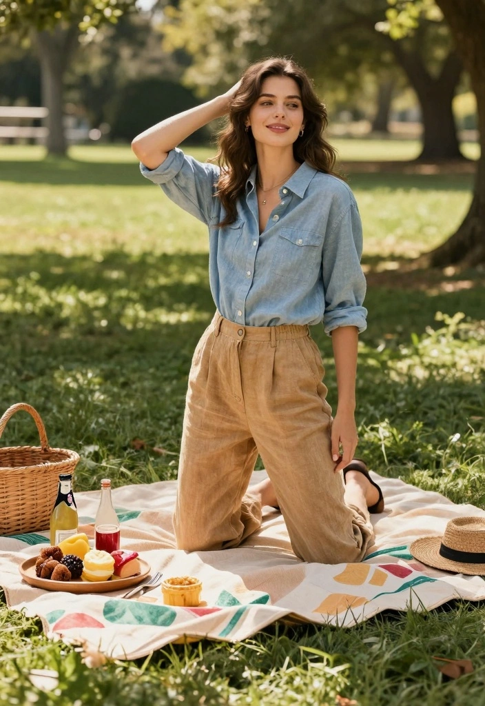 15 Tan Linen Pants Outfit Ideas For Women: Embrace Sustainable Fashion - 11. Picnic Perfect: Linen Pants with a Casual Chambray Shirt 1
