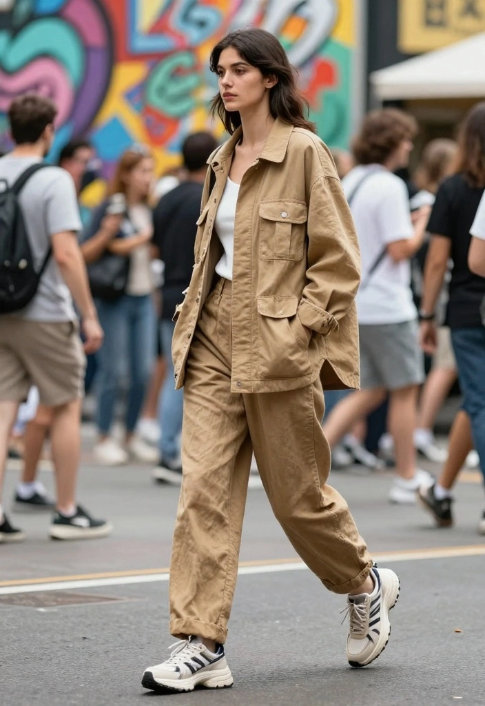 15 Tan Linen Pants Outfit Ideas For Women: Embrace Sustainable Fashion - 14. Street Style: Linen Pants with a Utility Jacket 1