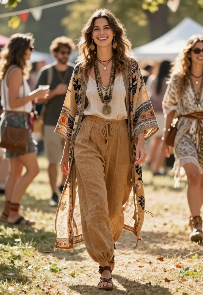 15 Tan Linen Pants Outfit Ideas For Women: Embrace Sustainable Fashion - 4. Bohemian Flair: Linen Pants with a Flowing Kimono 1