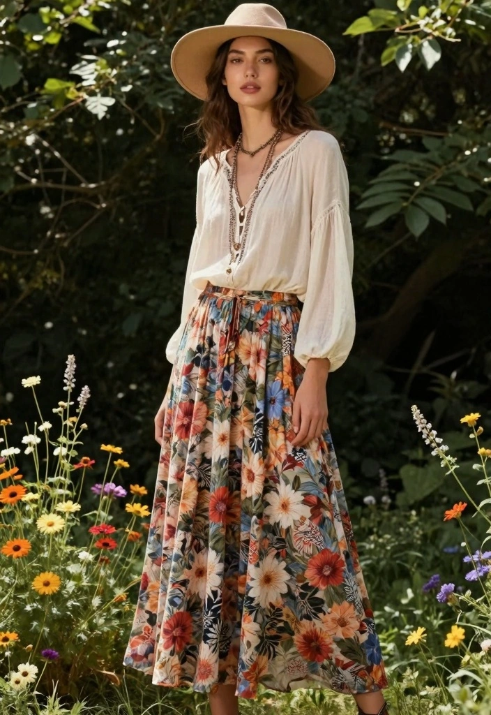 15 Western Style Skirt And Top Outfit Ideas - 1. Maxi Skirt & Bohemian Blouse 1