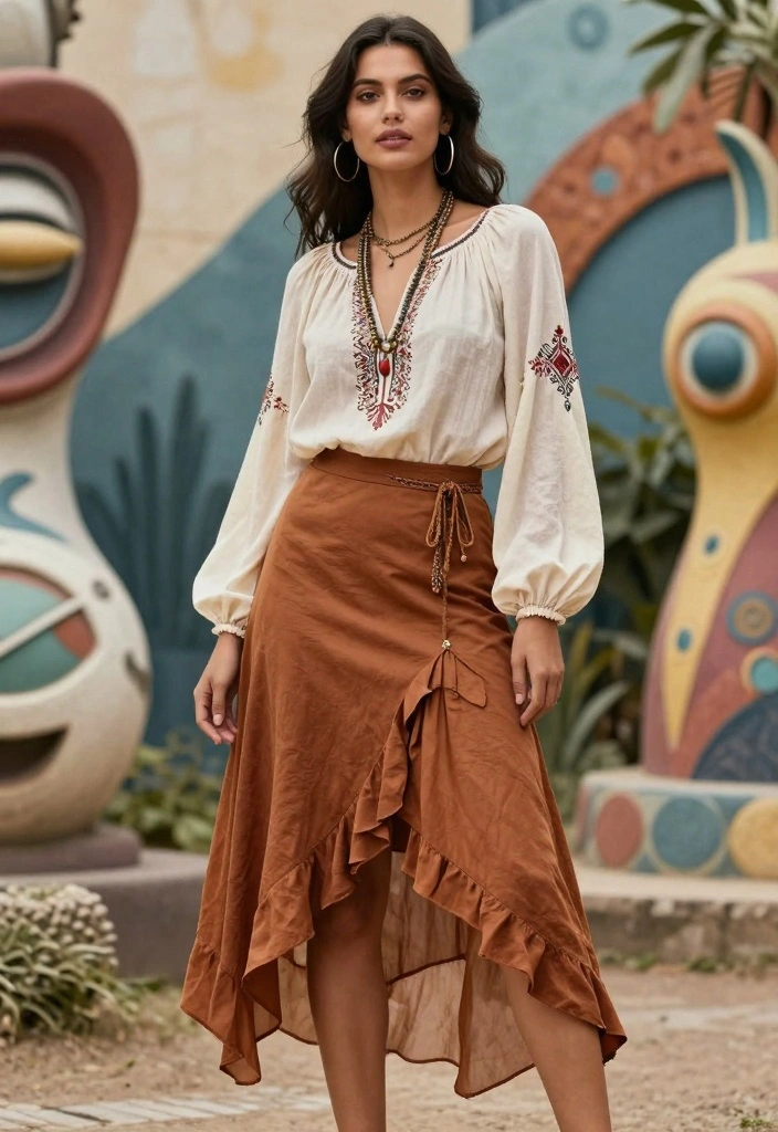 15 Western Style Skirt And Top Outfit Ideas - 10. Asymmetrical Skirt & Peasant Top 1