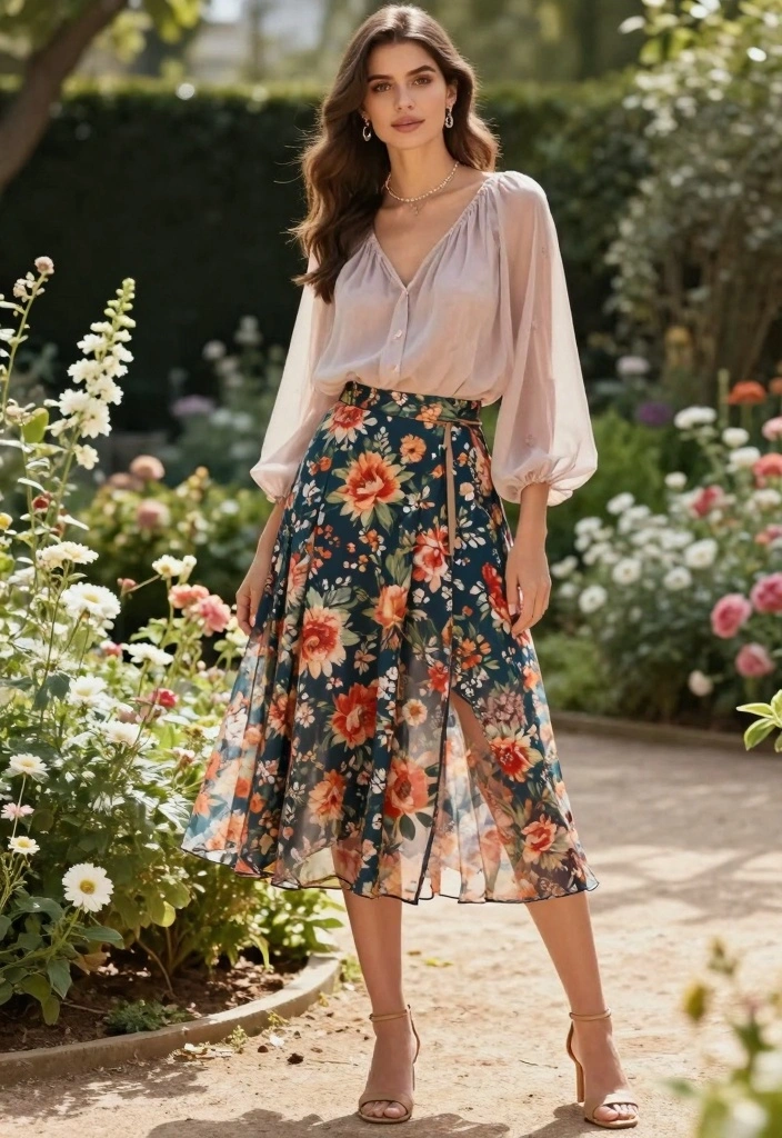 15 Western Style Skirt And Top Outfit Ideas - 15. Floral Skirt & Chiffon Top 1