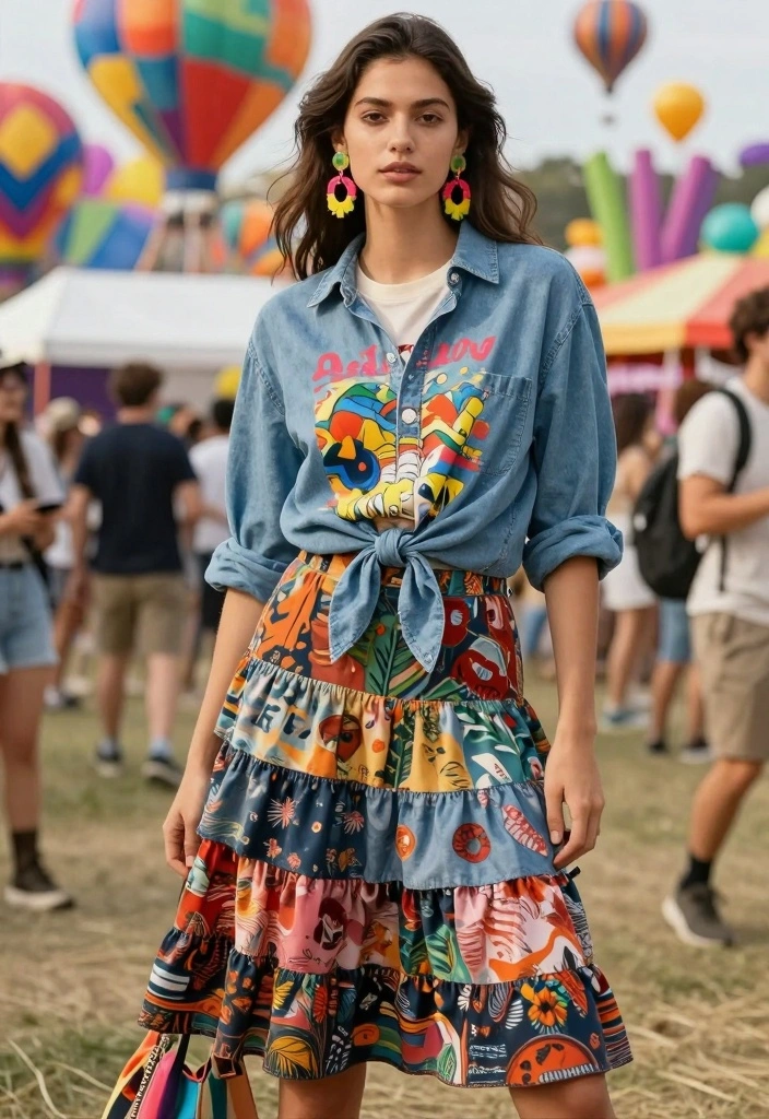 15 Western Style Skirt And Top Outfit Ideas - 3. Tiered Skirt & Graphic Tee 1