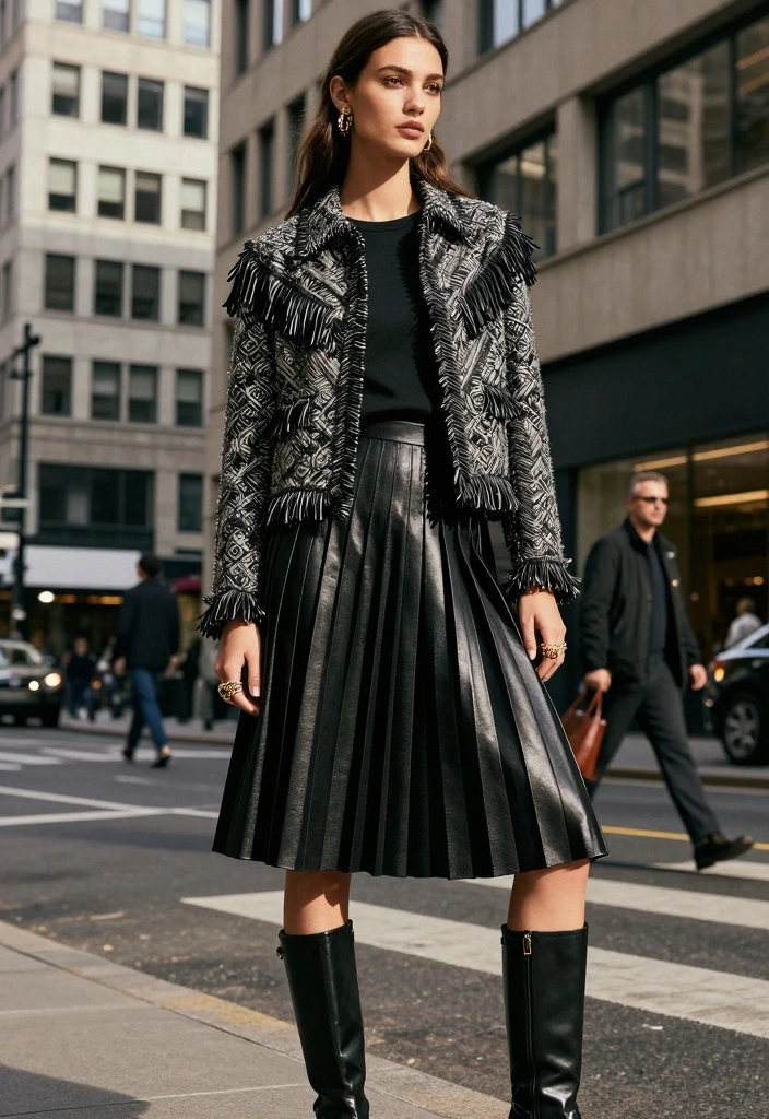 15 Western Style Skirt And Top Outfit Ideas - 5. Pleated Skirt & Fringe Jacket 1