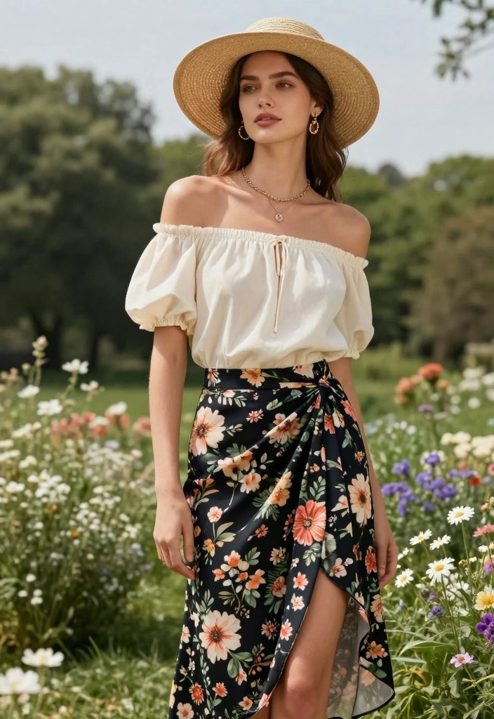 15 Western Style Skirt And Top Outfit Ideas - 6. Wrap Skirt & Off-Shoulder Top 1