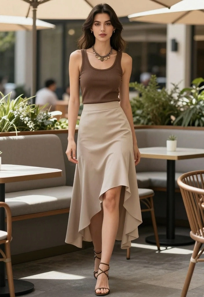 15 Western Style Skirt And Top Outfit Ideas - 8. High-Low Skirt & Simplistic Tank 1